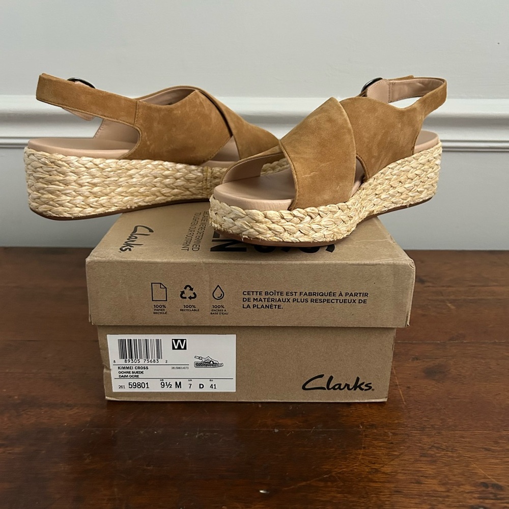 Clarks Kimmei Cross Tan Brown Espadrille Wedges Flatform Suede